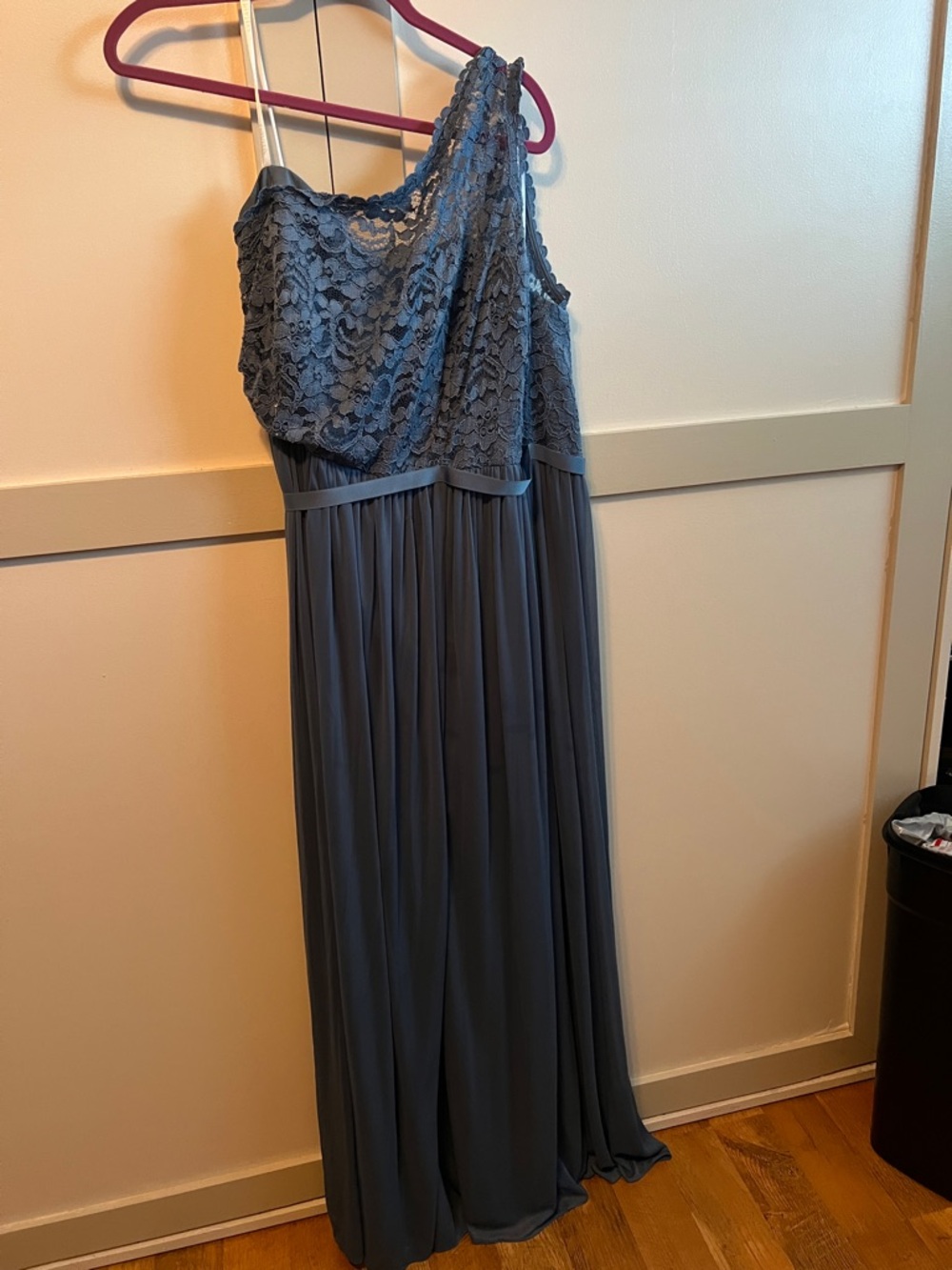 David's Bridal One-Shoulder Lace Bodice Chiffon Gown in Dusty Blue